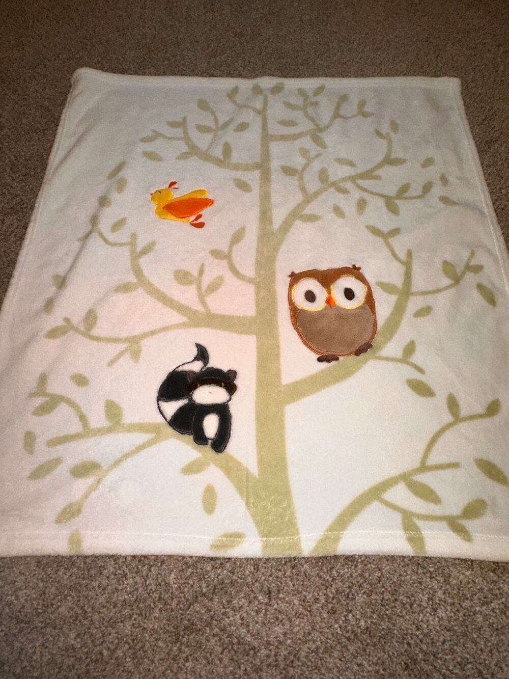 Blankets & Beyond Baby Blanket Owl Skunk Bird Tree White Lovey Branch soft!